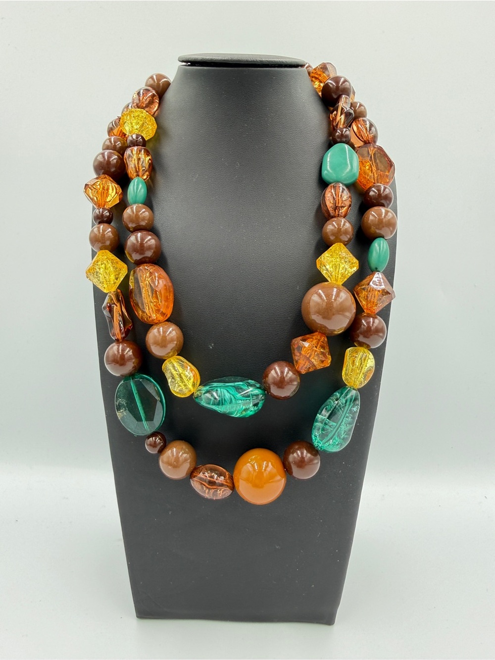 Layered Brown, Amber & Teal Beaded Necklace